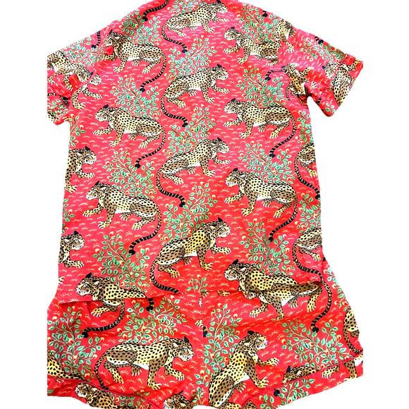 Print Fresh Pajama Shirt Short Set Pink Bagheera Snow Leopard Cat Soft Cotton M - Picture 1 of 11